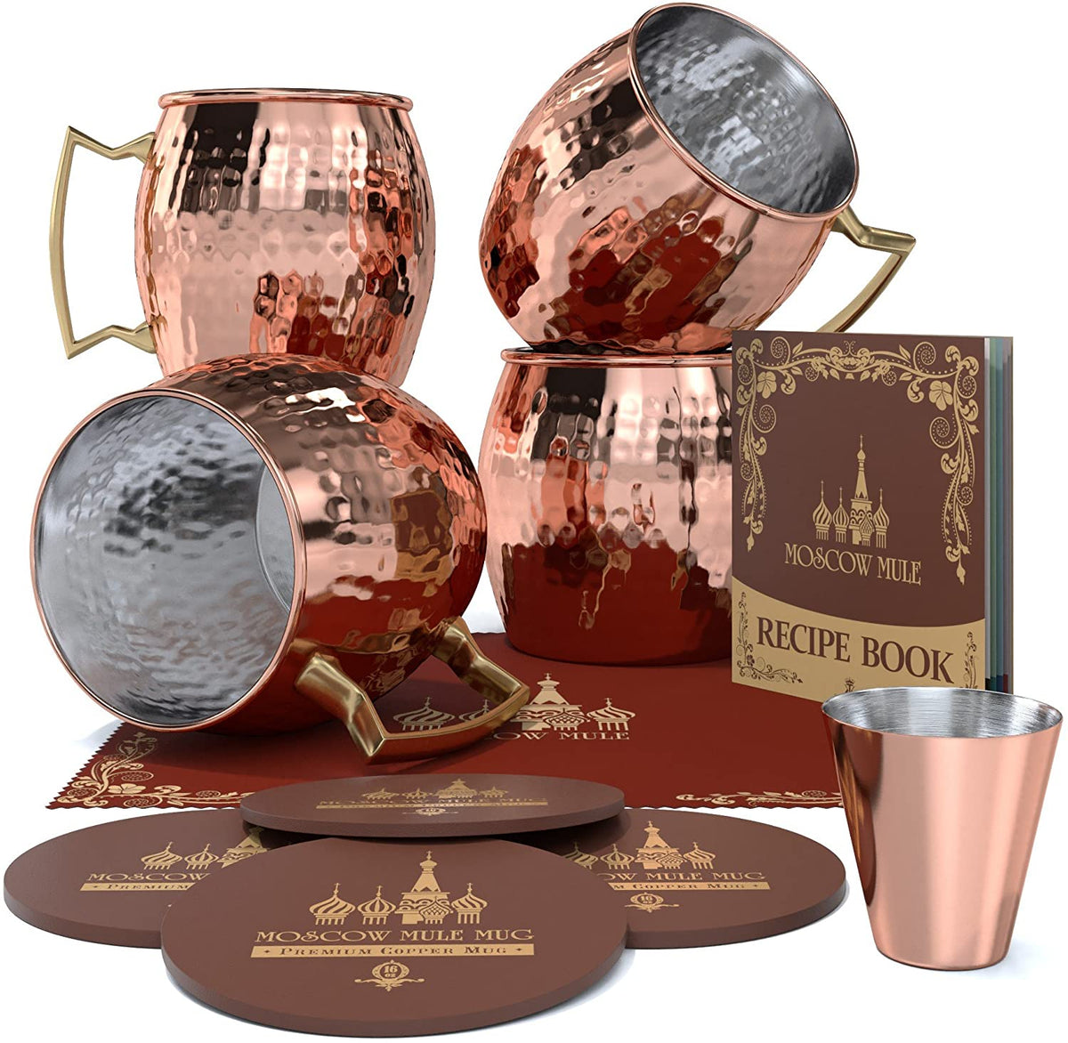 Moscow Mule Copper Mugs with Handles (4-Pack) 1 Shot Glass Classic Drinking  Cup Set Home, Kitchen, Bar Drinkware Helps Keep Drinks Colder, Longer