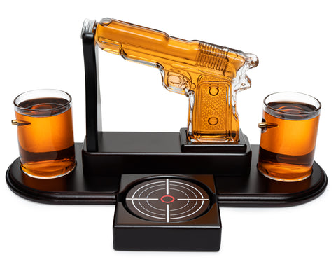 Pistol Set for Men with Whiskey Glass Set of 2. Gun Liquor Decanter, Unique Gift for Men, Present for Military or Veteran. 9 oz Alcohol