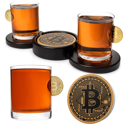 Bitcoin Whiskey Glass Set of 2. Unique Gift for Men, Whiskey Glasses Style Premium Glassware Cryptocurrency, Bar Tumbler. Crystal. 11 Oz