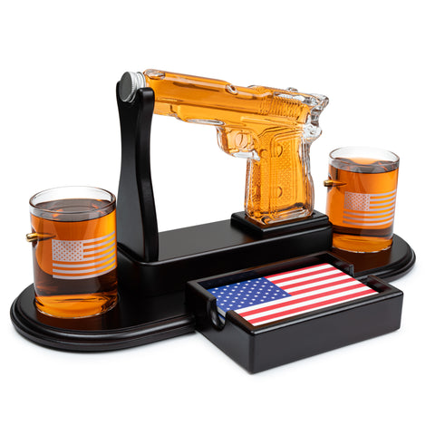 Pistol Set for Men With Whiskey Glass Set of 2. Second Amendment Liquor Decanter, Unique Gift for Men, Present for Military or Veteran. 9 Oz Gun