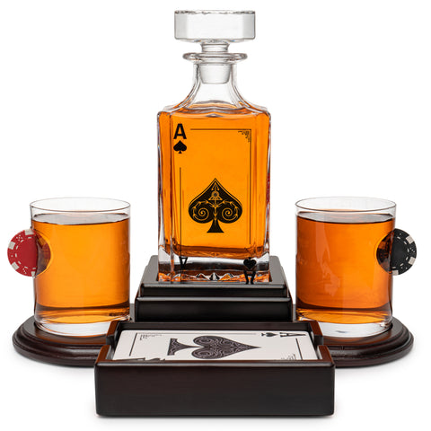 Poker Whiskey Decanter Set for Men With Whiskey Glass Set of 2. Texas Holdem No Limit Liquor Gift for Men. Poker Aces Alcohol Decanter Set