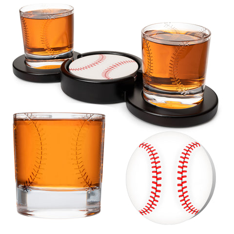Baseball Ball Whiskey Glass Set of 2. Unique Gift for Men, Premium Glassware Decorations Accessories, Bar Tumbler. Crystal Clear Finish. 11 Oz