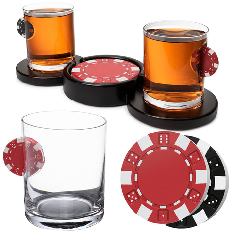 Poker Chip Whiskey Glass Set of 2. Unique Gift for Men, Glassware Texas Holdem No Limit, Bar Tumbler. Crystal Clear Finish. 11 Oz, Alcohol
