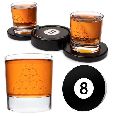 8 Ball Whiskey Glass Set of 2. Unique Gift for Men, Stripes and Solids, Premium Glassware Decorations Accessories, Bar Tumbler. Crystal. 11 Oz