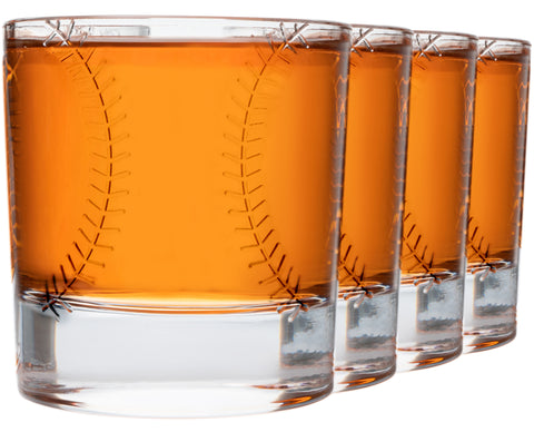 Baseball Ball Whiskey Glass Set of 4. Unique Gift for Men, Home Bar Gifts, Glassware Decorations Accessories, Bar Tumbler. Crystal. 11 Oz