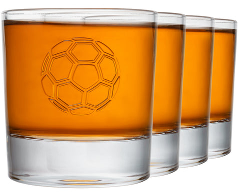 Soccer Ball Whiskey Glass Set of 4. Unique Gift for Men or Dad, Son Daughter, Home Bar Gifts, Bar Tumbler. Crystal Clear Finish. 11 Oz