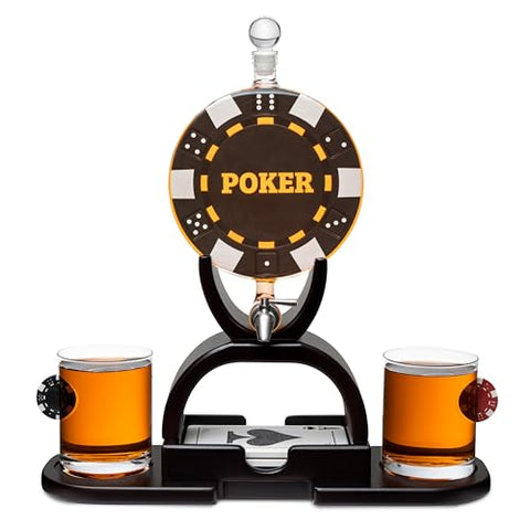 Poker Chip Whiskey Decanter Set for Men with Whiskey Glass Set of 2. Texas Holdem No Limit Liquor Gift for Men. Poker Aces Alcohol Decanter Set