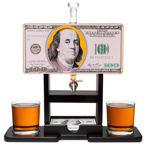 100 USD American Bill Whiskey Decanter Set. Unique Gifts for Men or Dad, Home Bar Gifts. Entrepreneur Motivation, Bar Tumbler, Alcohol Decanter Set