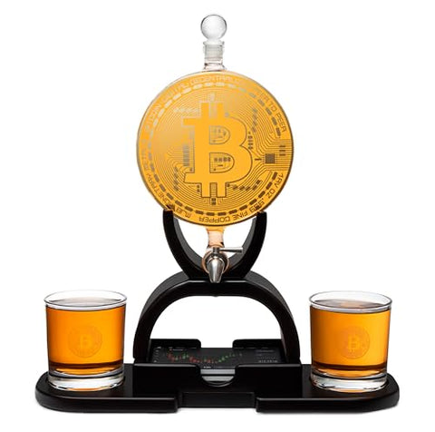 Bitcoin Whiskey Decanter Set. Unique Gift for Men, Whiskey Glasses Style Premium Glassware Cryptocurrency, Bar Tumbler. Crystal. 11 Oz
