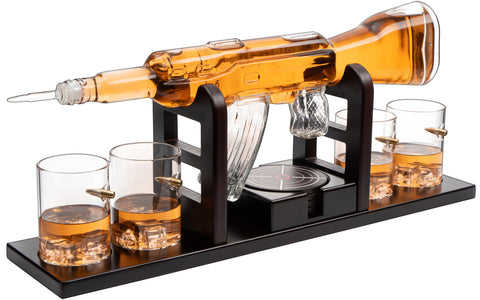 KROWN KITCHEN - Gun Whiskey Decanter Set. Includes Whiskey glasses, coasters, and wood base. Perfect Dad Gifts. For bourbon, scotch, liquor, 850ml